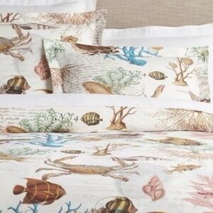 Pottery Barn Coastal Seashell & Marine Life Duvet Cover - White, Blue & Brown